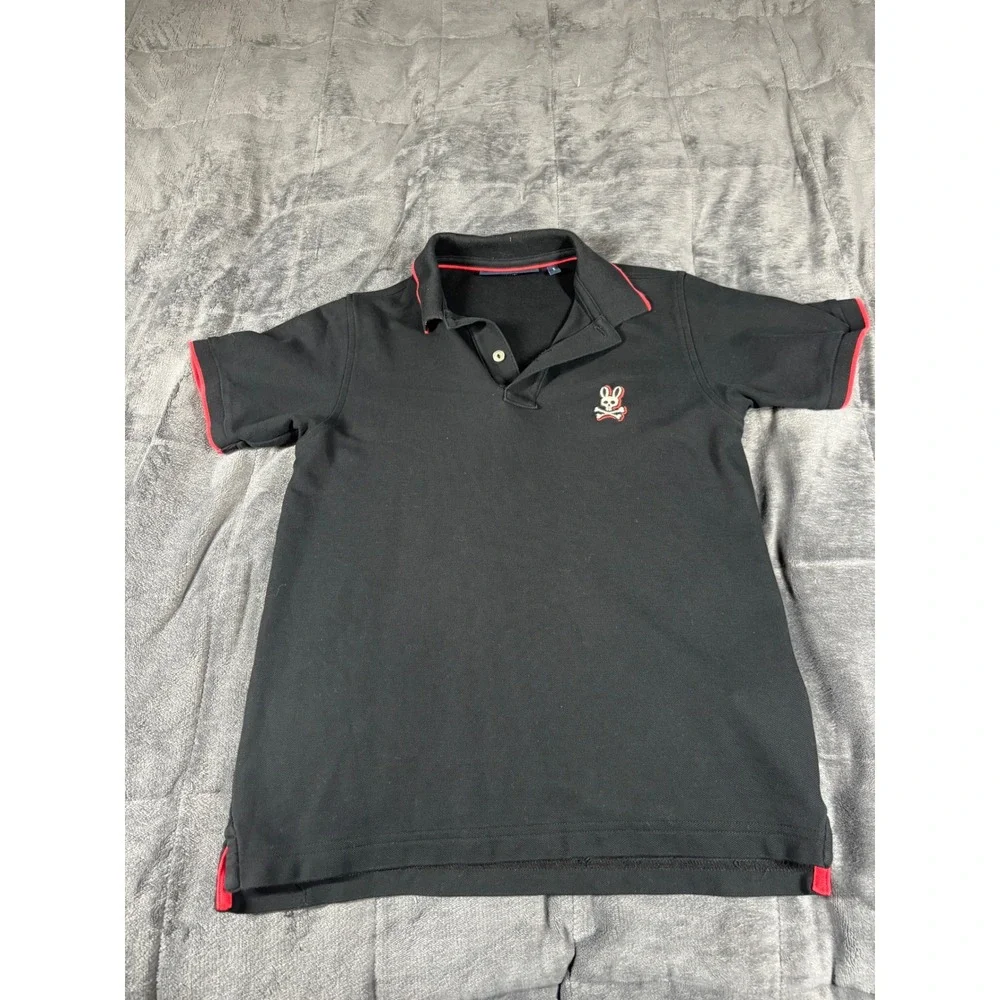 Psycho Bunny Kids Black Red Tipped Short Sleeve Polo Shirt Size L 14-16